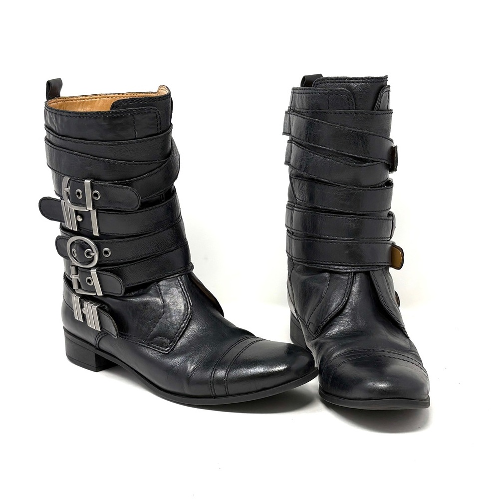 Nine West Leather Vintage America Classics Straps Buckles Moto Combat Boots